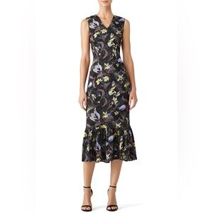 SUNO Black Floral Ruffle Hem Sheath Midi Dress. Size 8. Runs small.